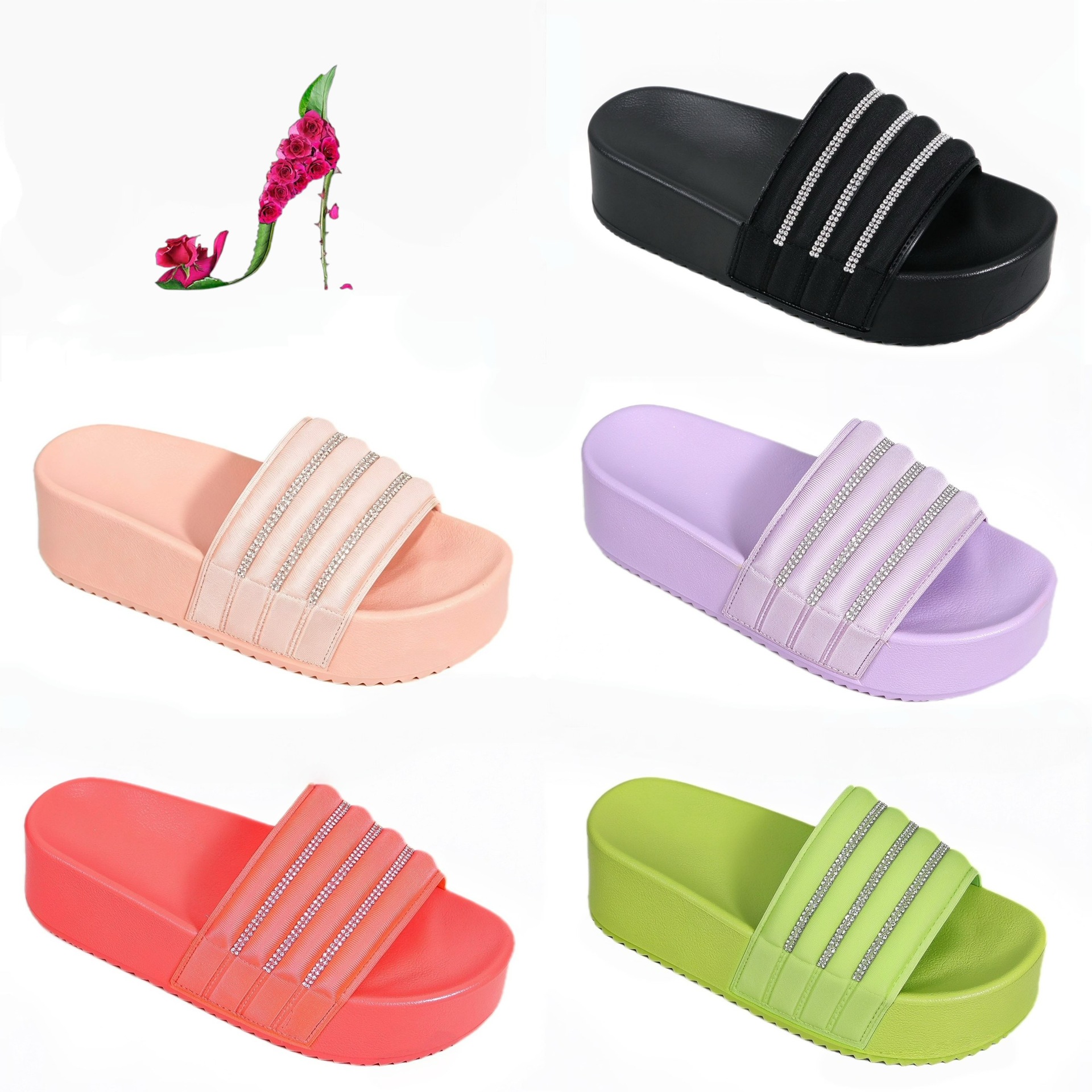 Sandalias Suecas de Cuña con Pedrería de Tela y PVC para Exteriores
