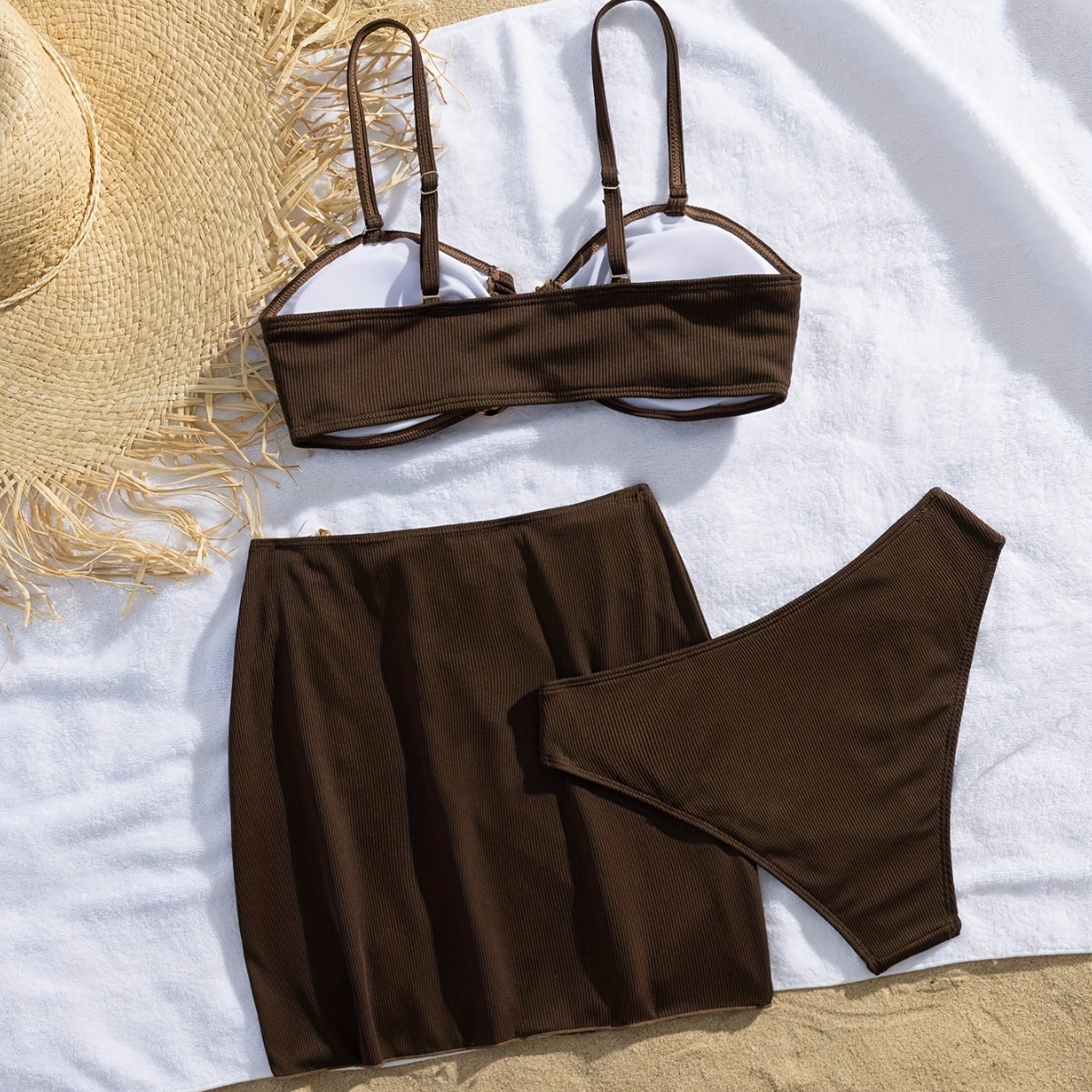 Women's Three Piece Bikini Set Sexy Fashionable Simple Solid Color European American Style with Irregular Gold Decoration_voghion.com