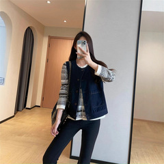 时髦叠搭huan保水洗背面复古印花丹宁无袖牛仔马甲女2025秋季新款