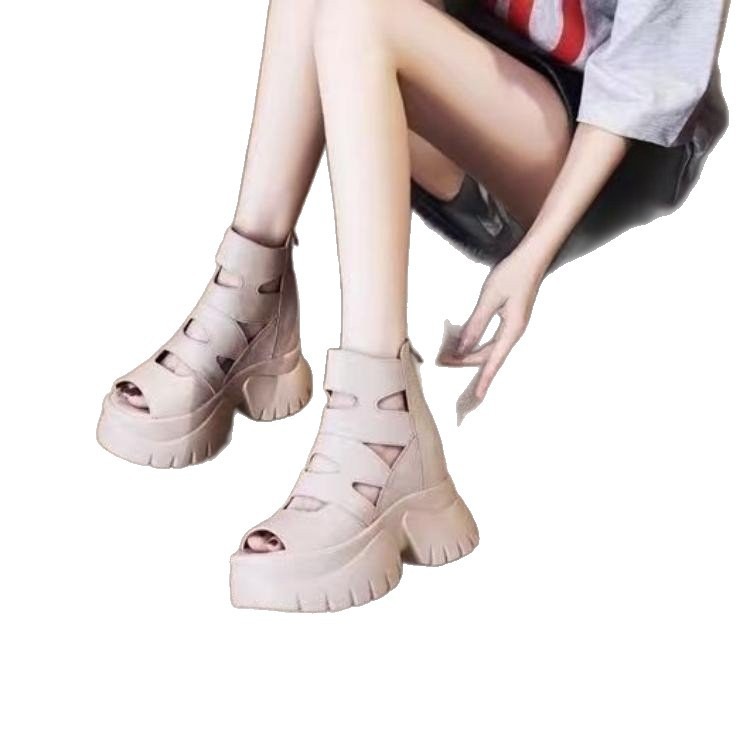 2026 verano nuevo tipo de sandalias de cuero suave, muffins, zapatos de mujer de tacón alto, zapatos casuales, zapatos romanos huecos con suela gruesa