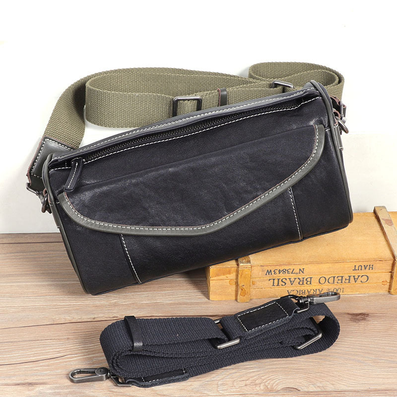Túi đeo chéo nam da bò thật thuộc da thực vật, túi nhỏ đeo vai cá tính 29×11×17 cm — Dây đeo vai màu đen, Dây đeo vai đơn màu xanh lá cây, Dây đeo vai màu đen và xanh lá cây