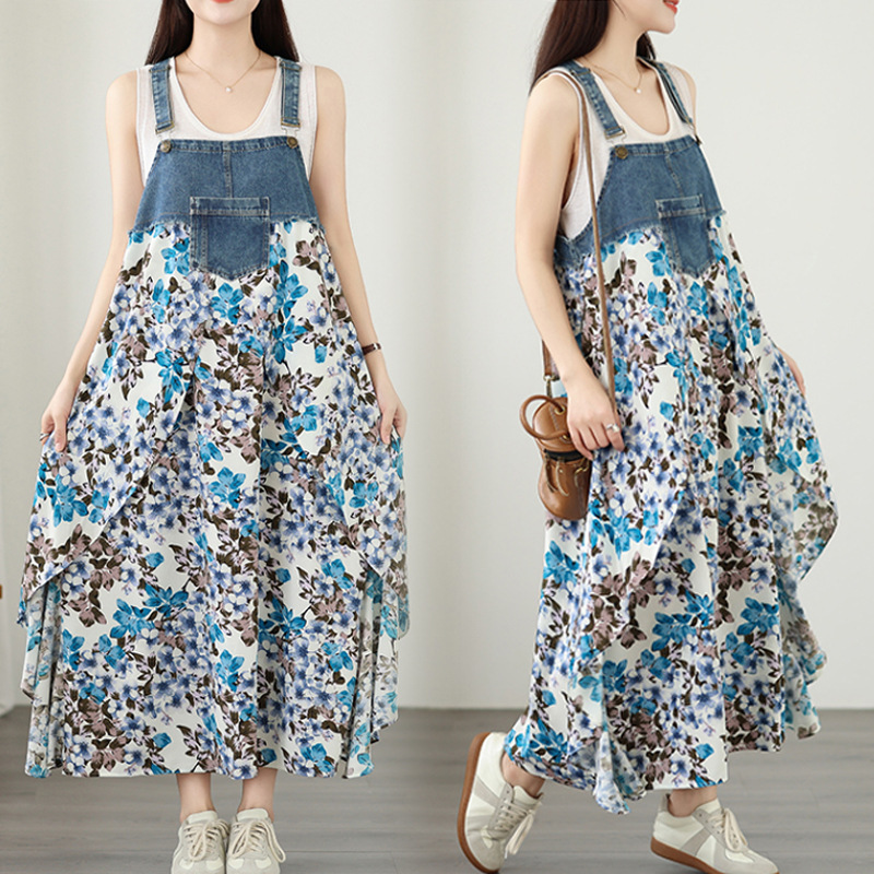 2026 Summer New Style Ruffled Loose Chiffon Printed Denim Design Suspender Mid-Length Dress 2026 Summer New Style Ruffled Loose Chiffon Printed Denim Design Suspender Mid-Length Dress