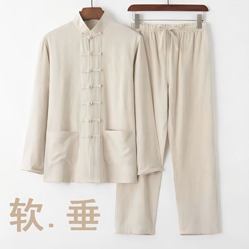 Cotton and linen Tang suit men's Chinese style long-sleeved suit, retro style, Chinese knot button men's clothing, middle-aged and elderly loose Chinese Tai Chi uniform, in stock.
