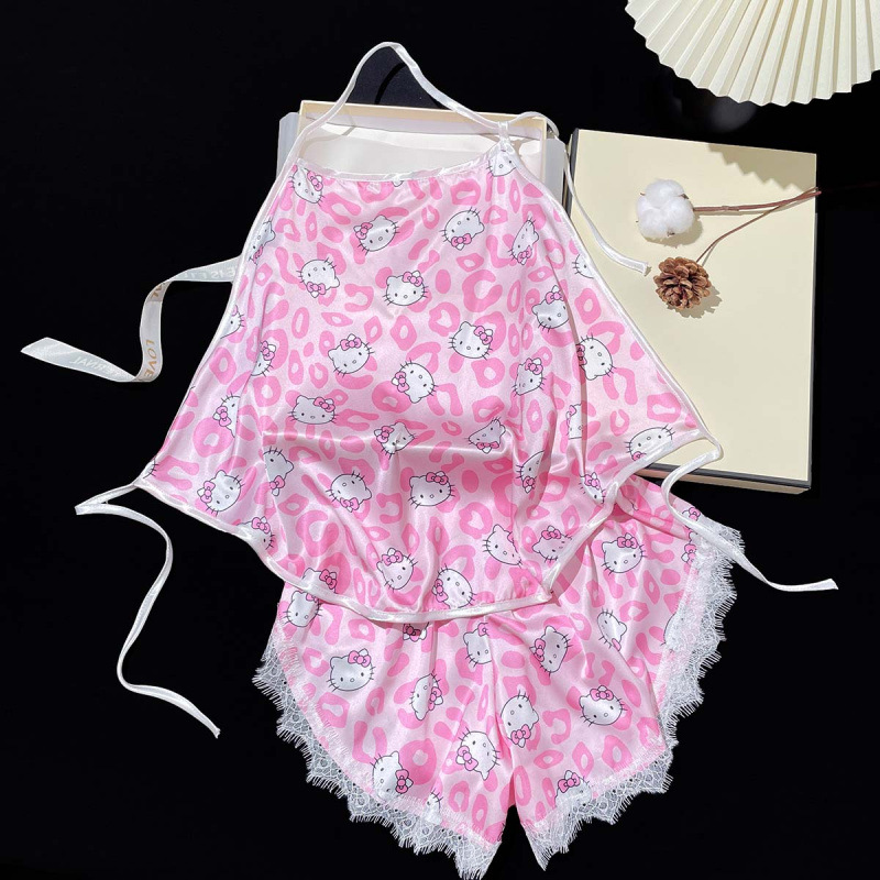Pajamas Ice and Snow Silk Pink Hello Kitty Cartoon Halter Strap Bellyband Pajamas Women's Lace Shorts Home Clothes
