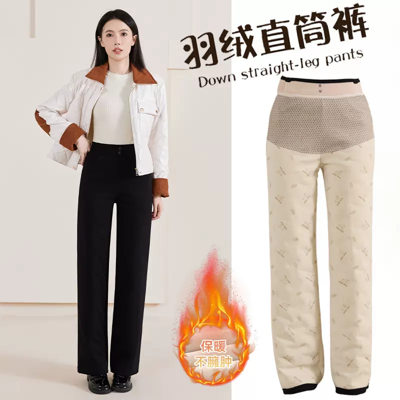 2025秋冬新款直筒阔腿裤女装高腰加厚抗寒直筒百搭休闲裤羽绒裤子