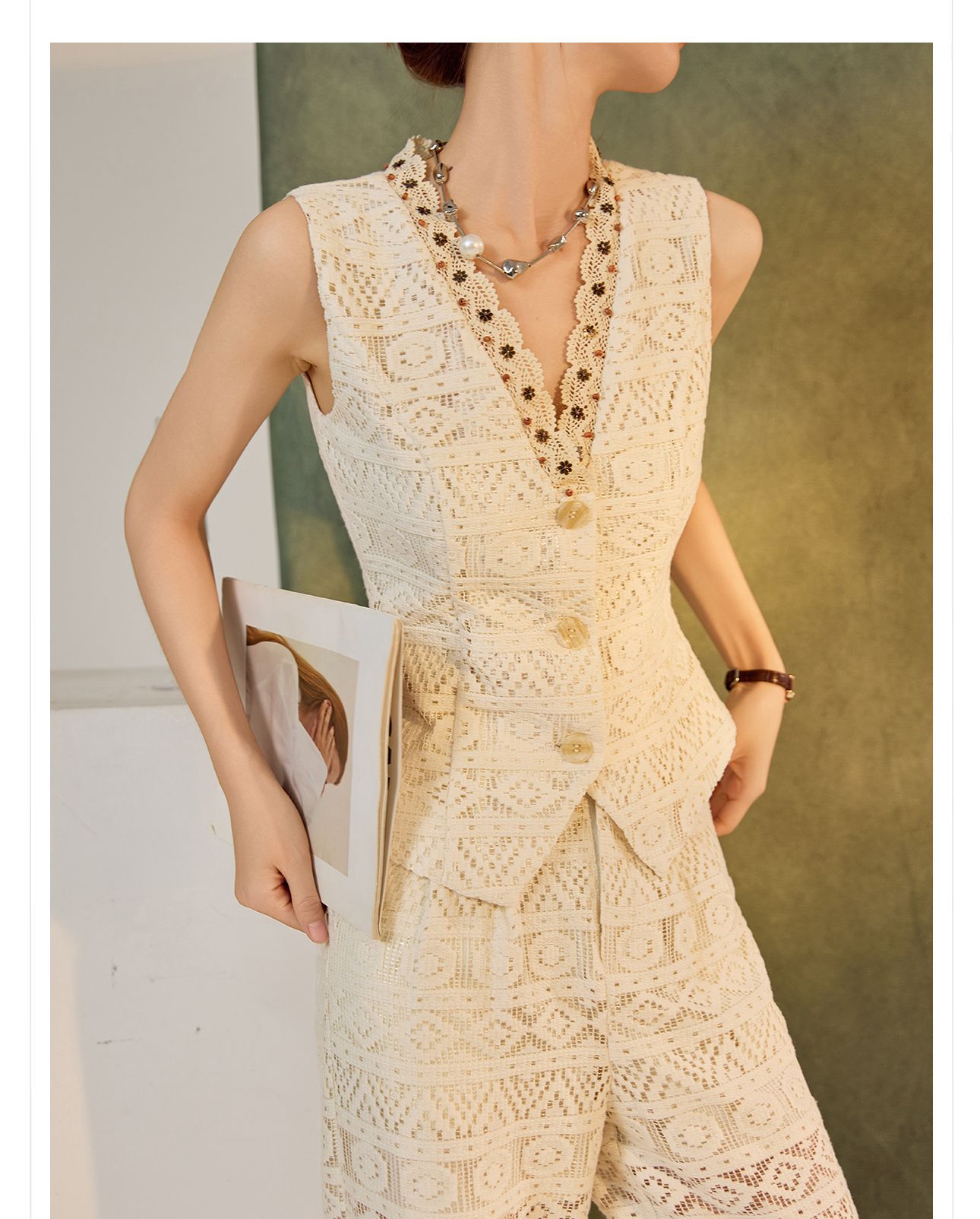 Bộ vest quần dài nữ cổ chữ V khoét lỗ phong cách retro cao cấp mùa hè 2026 — Quần dài, Vest [có dây ruy băng] chi tiết 14