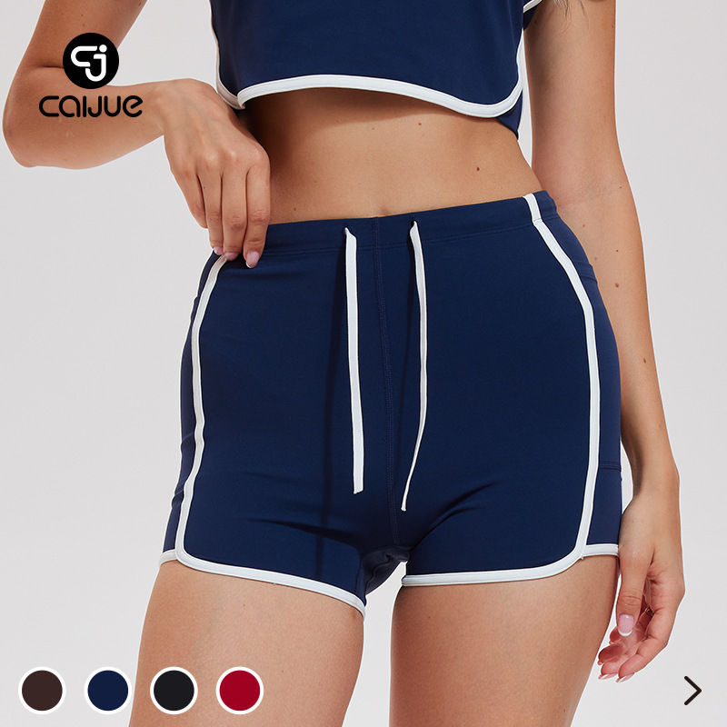 Caijue Sports Shorts for Women, Summer High-Waisted Drawstring Three-Quarter Hot Pants with Contrasting Color Trim, Slimming Yoga Fitness Shorts for Women