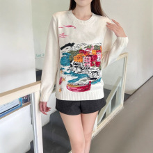 25早秋新款南油高定D+建筑风景重工刺绣圆领长袖羊毛针织衫上衣女