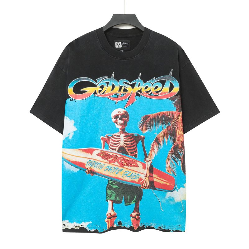 クロスボーダー 25ss アメリカのトレンディなブランド Godsed ロックバンドバスケットボール高品質ウォッシュブラック半袖 T シャツ男性と女性用|undefined