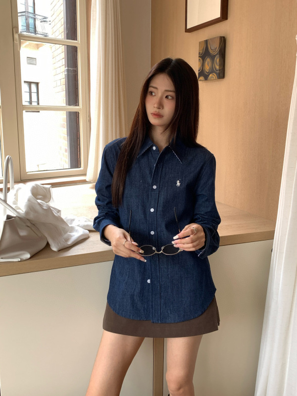 高版本RL拉夫小马标刺绣经典老钱风翻领长袖牛仔衬衫休闲宽松外套|undefined