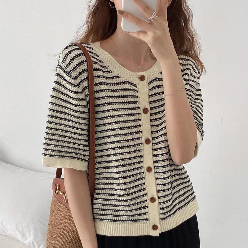 2024 new round neck Chanel style short top women's clothing design fancy contrast color striped knitted cardigan short sleeve