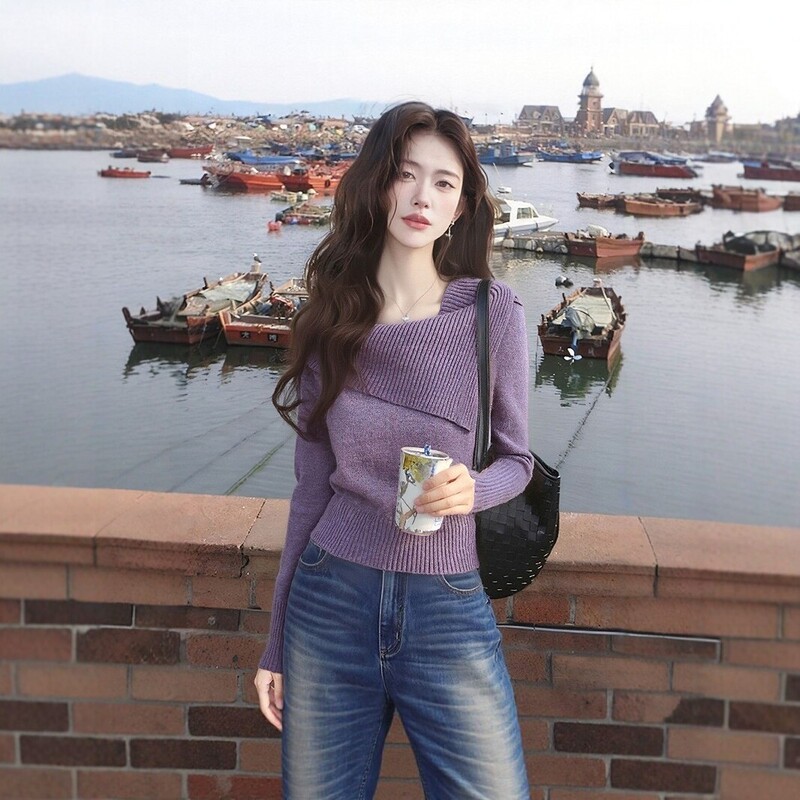 French-style asymmetrical off-shoulder knit sweater for women, autumn and winter, purple, soft and cozy, inner layer, pullover with a turn-down collar French-style asymmetrical off-shoulder knit sweater for women, autumn and winter, purple, soft and cozy, inner layer, pullover with a turn-down collar