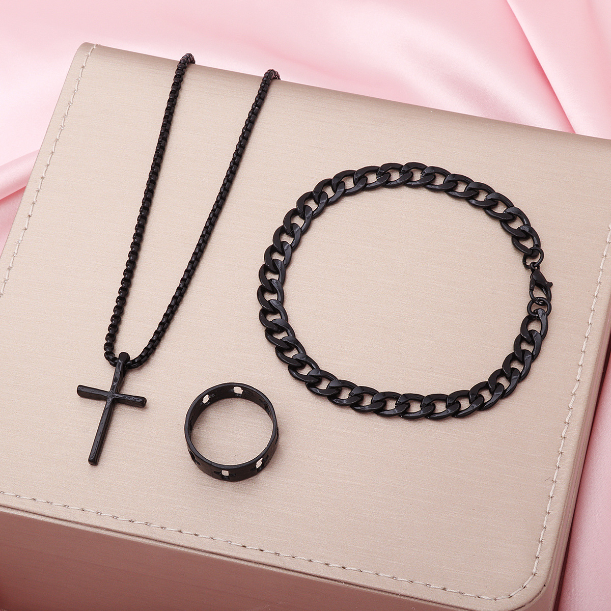 Aliexpress Hot Selling Jewelry Set New Personalized Trendy Punk Style Cross Necklace Bracelet Ring 3-Piece Set