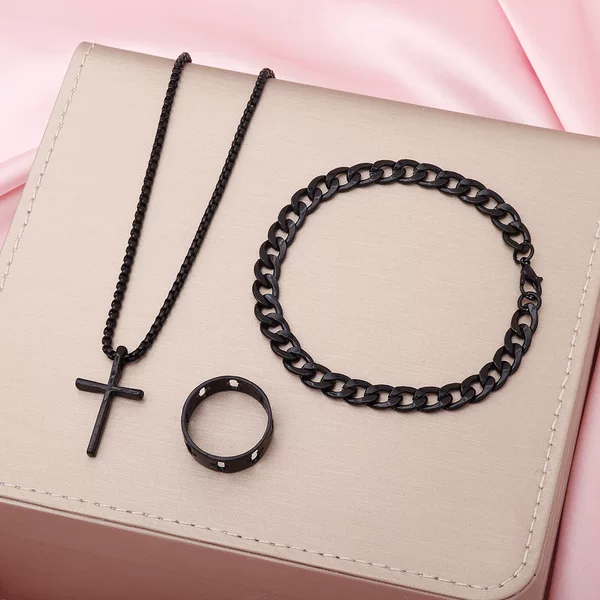 Aliexpress Hot Selling Jewelry Set New Personalized Trendy Punk Style Cross Necklace Bracelet Ring 3-Piece Set