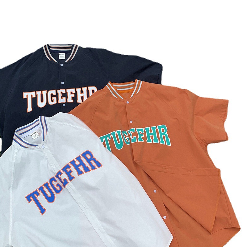 Hong Kong Style Short Sleeve Shirt Men's and Women's Korean Style Ins Baseball Suit Shirt Letter Shirt Jacket Open Lining Loose Street Fashion Hong Kong Style Short Sleeve Shirt Men's and Women's Korean Style Ins Baseball Suit Shirt Letter Shirt Jacket Open Lining Loose Street Fashion