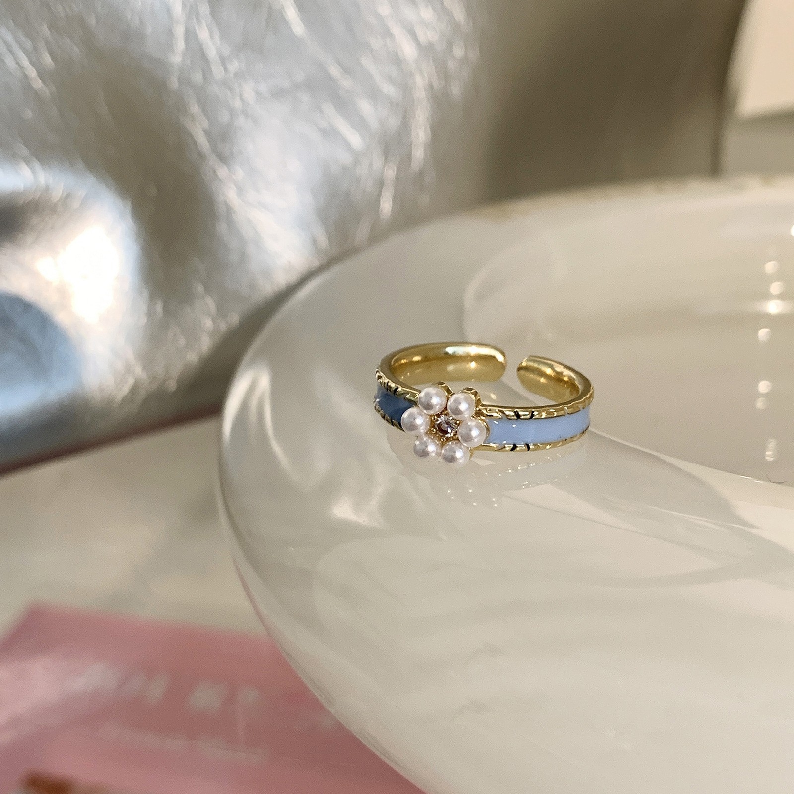 Anillo de circonita de perlas de viento ins, nicho femenino, sentido de alta gama, simple y ligero, anillo de novia de lujo, anillo de apertura de temperamento al por mayor