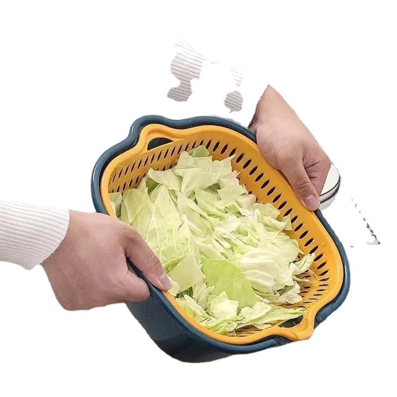 Cesta de drenaje de doble capa engrosada conjunto de seis piezas de ocho canasta de lavado de vegetales de plástico cuenca de lavado de vegetales Almacenamiento de cocina canasta de frutas logotipo imprimible