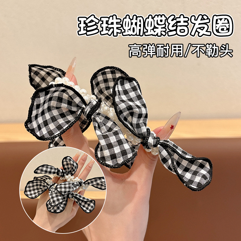 . Renacimiento blanco y negro anillo de cabello de perla de cabello de cola de caballo femenino de alto nivel sencillo no daña correa de cabello cabeza