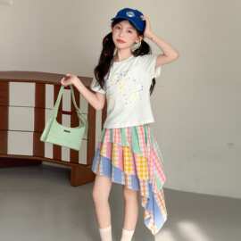 女童套装夏季2026新款儿童夏装立体刺绣短袖T恤不规则裙子两件套