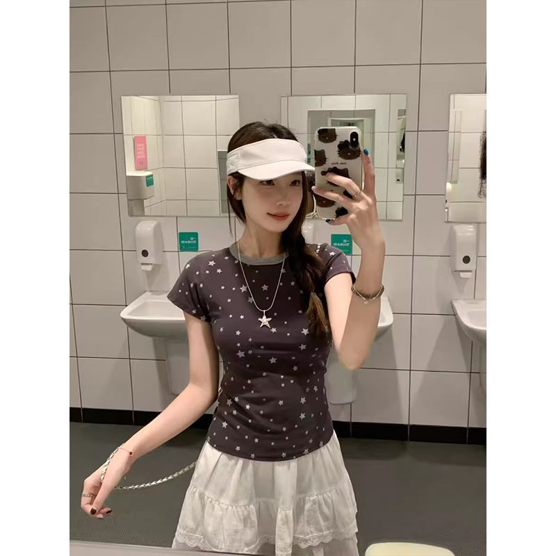 Coreano retro estrellas impresas de color contraste hombro corto camiseta de manga corta mujer verano dopamina delgada blusa corta