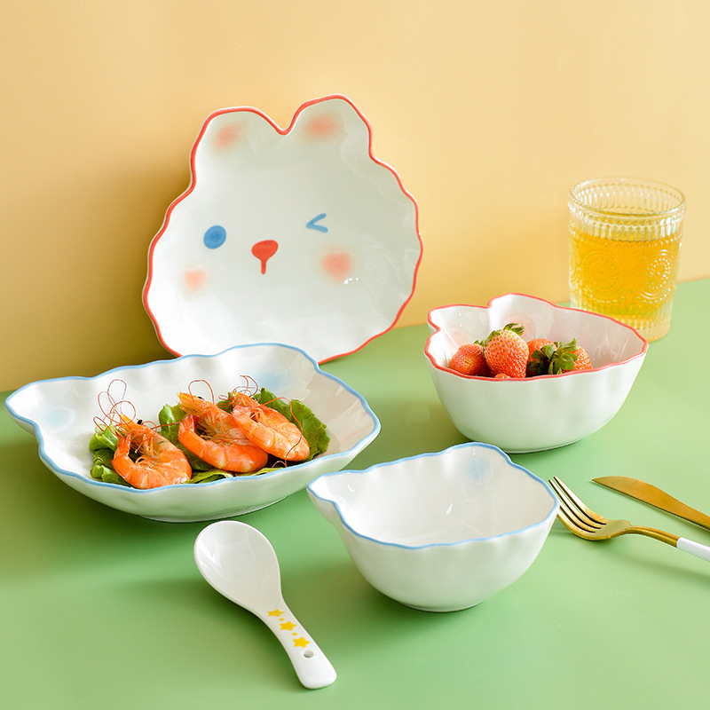Estilo japonés lindo conejito plato de tazón de arroz de cerámica Placa de vajilla en forma de animal de los niños creativos Placa de celebridad de Internet image 2
