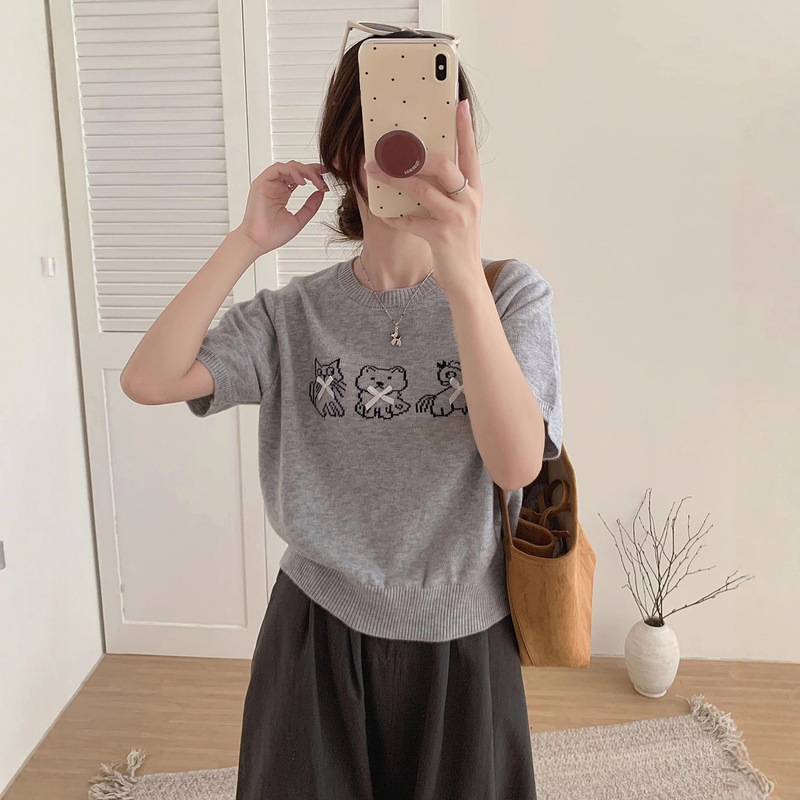 韩单立体蝴蝶结！2025秋季新款时尚百搭减龄显瘦短袖针织上衣女|undefined