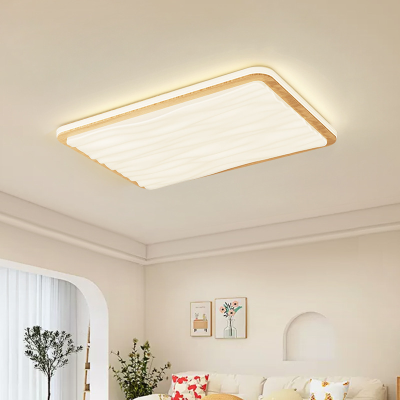 Luz principal de la sala de estar de viento crema moderna simple madera rectangular lámpara de techo de espectro completo lámpara de dormitorio de protección de ojos