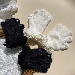 hotmoon designer winter wool lace bow love girl baby Rex rabbit fur gloves