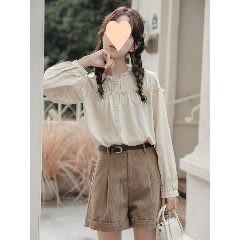 French shirt for women in spring 2025 new style lantern sleeves ruffled ears top design sense shirt college style