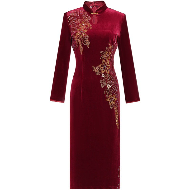 Осеннее и зимнее платье среднего возраста чонсам женский свадебный костюм свекрови свадебный праздник благородное золотое бархатное платье высокого класса