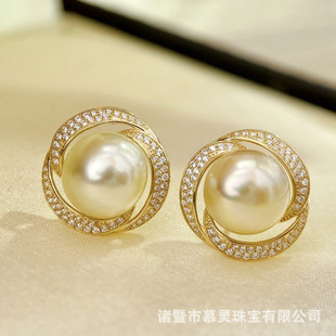 18K Gold Luxury Flower-Shaped Earrings, White Zircon Inlaid with Two Color Pictures, 10-11mm Beads, Accessories Without Beads
