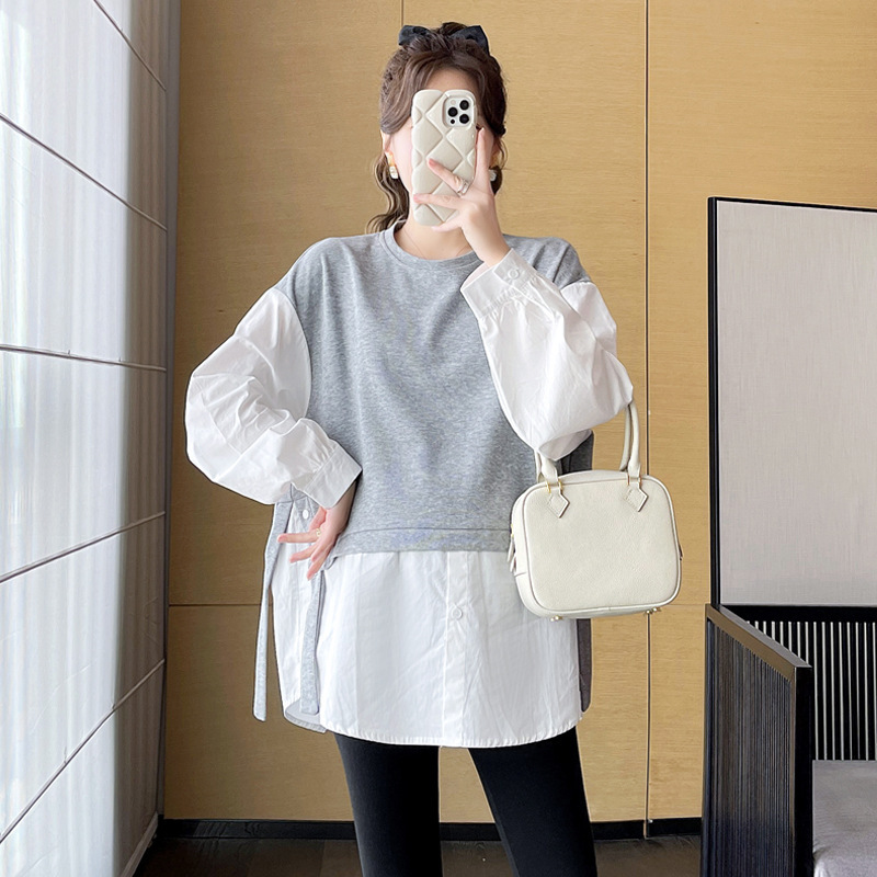 2026 New Maternity Fall Outfit: Fake Two-Piece Patchwork Shirt, Fashionable Top, Trendy Mom Casual T-Shirt 2026 New Maternity Fall Outfit: Fake Two-Piece Patchwork Shirt, Fashionable Top, Trendy Mom Casual T-Shirt