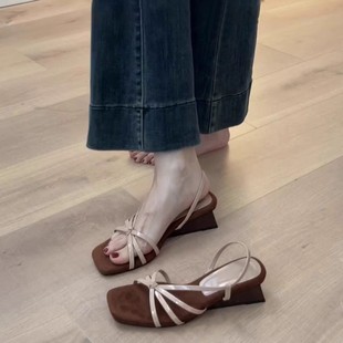 Sheepskin Version ~ French Style One-Line Thin Strap Wedge Sandals for Women with Square Toes and Skirts Open-Toe High-Heeled Roman Shoes for Summer