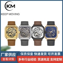 创意新款镂空方形时尚男士防水手表仿机械高级设计石英腕表批发