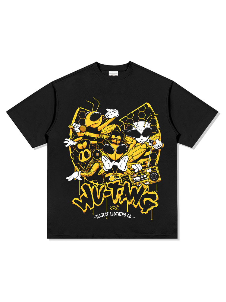 Wu-tang camiseta de manga corta retro americana con estampado lavado y desgastado suéter con capucha y cuello redondo suelto de algodón pesado