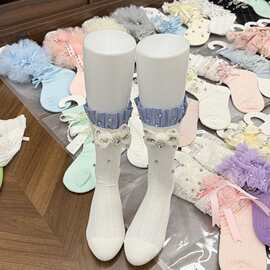 欧货饰品袜女2026春夏薄款钉珠格子木耳花边装饰洛丽塔甜美中筒袜