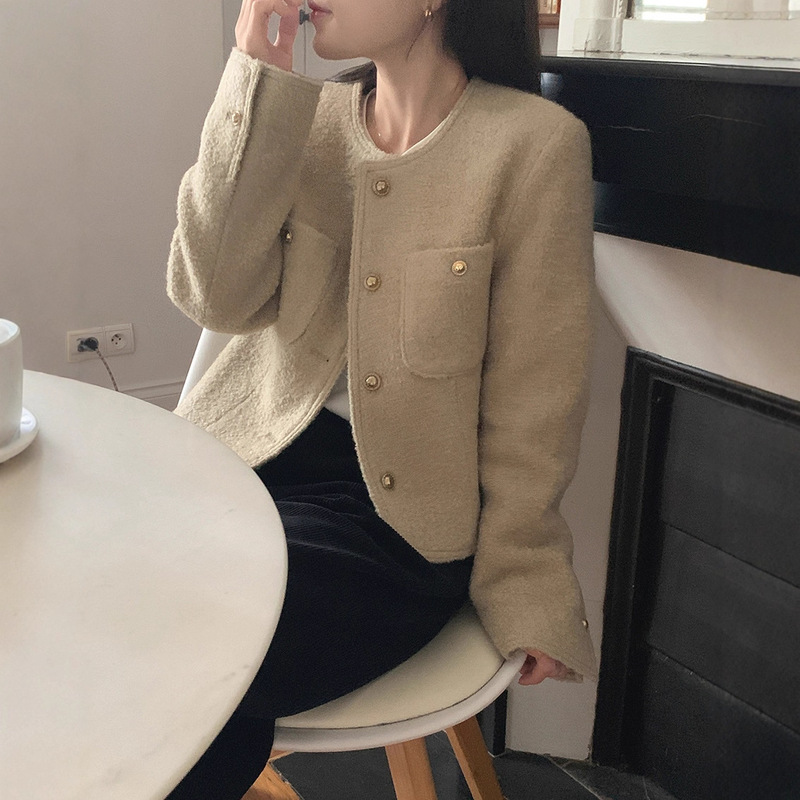 跨境 2025秋季新款韩国东大门圆领小香风短款外套女毛呢短上衣|undefined