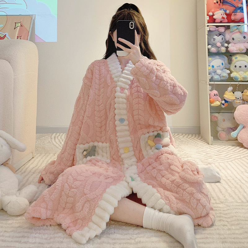 plus size gown ladies plush autumn and winter long nightgown sweet 220kg pregnant women bathrobe pink v collar