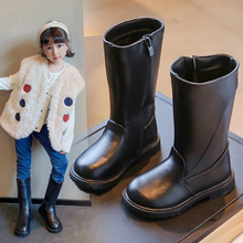 儿童时尚皮靴2023冬新款女童长筒靴中大童小女孩皮靴加绒保暖棉靴