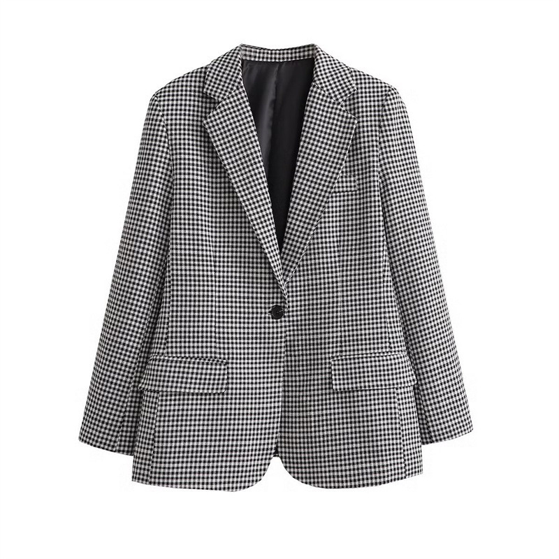 Black and White Plaid One-Button Suit Jacket Export Zaura Women's 2023 Spring New Commuter Casual Top