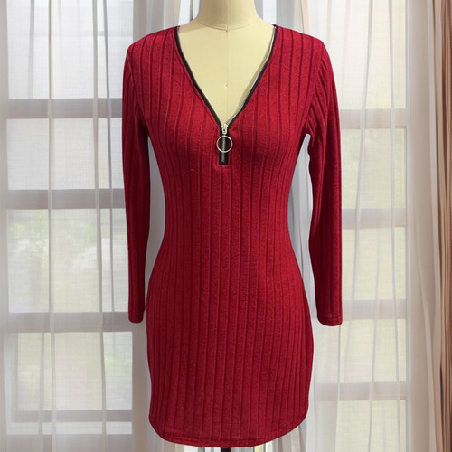 European and American women's knitted waist-defined long-sleeved slim-fit long dress—elegant European and American style