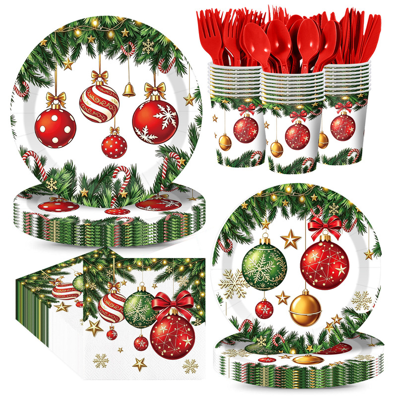 Christmas ball and pine branch disposable tableware set, Christmas-themed paper plates, paper cups, paper napkins, and cutlery set