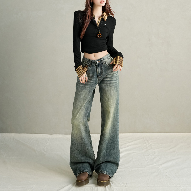 2025 New Autumn and Winter Style & Another Slimming Look Model, Low-Waisted American Style Loose Floor-Length Jeans for Women, Cotton