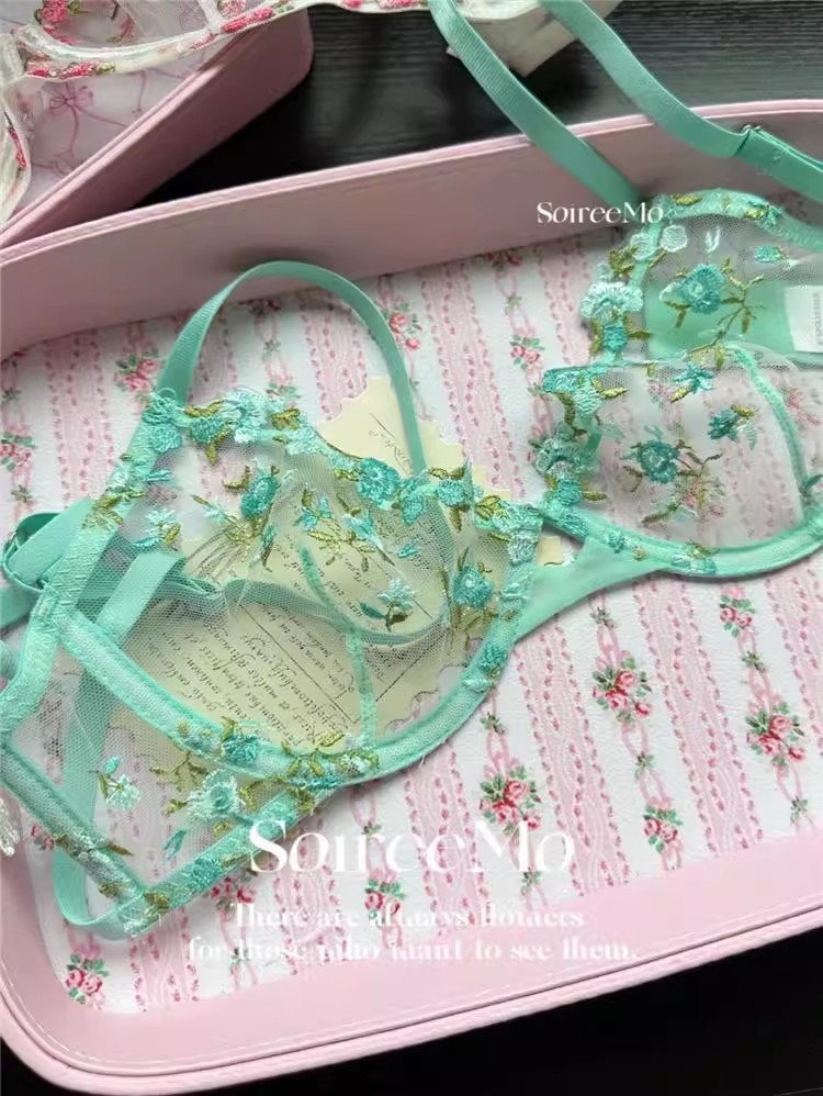 2025 verano puro bordado transparente ropa interior rosa sexy sin algodón malla transparente ultra delgada dulce francés