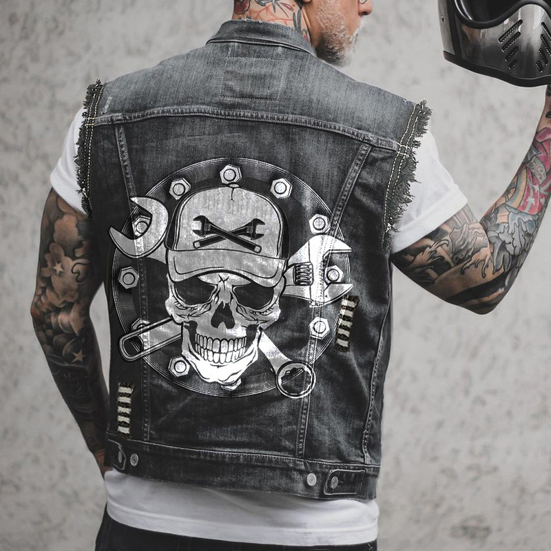 Foreign trade tooling bag motorcycle motorcycle vest Denim worn-out printed men's sleeveless jacket 2510