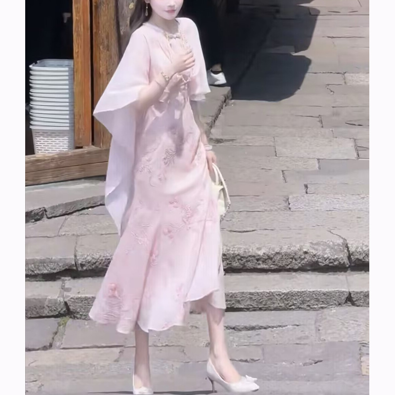 Super Fairy New Chinese Style Flowing Shawl Dress for Women 2026 Summer New Heavy-Duty Waist-Cinching Fishtail Long Gown Dress