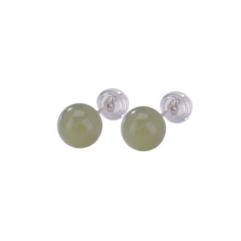 Bông tai bạc S925 đính ngọc Hetian tự nhiên hạt tròn đơn giản — cặp mô hình 8 mm