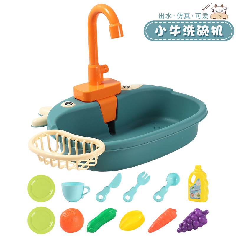 Juguete de grifo eléctrico con diseño de vaca de dibujos animados, juego de simulación de cocina para niños, lavado de platos, estufa de simulación, botella soplable, frutas y verduras