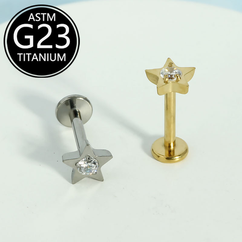 G23 Titanium Star Lip Stud Simple Niche Design Twist Screw Inlaid Zircon Ear Bone Nail 16G Flat Bottom Lip Piercing Jewelry detail image 5