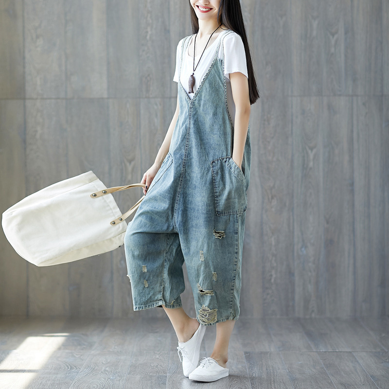 2025 New Style Ripped Denim Suspender Cropped Pants Loose Distressed Plus Size Trendy Overalls Wandering Notes 2025 New Style Ripped Denim Suspender Cropped Pants Loose Distressed Plus Size Trendy Overalls Wandering Notes